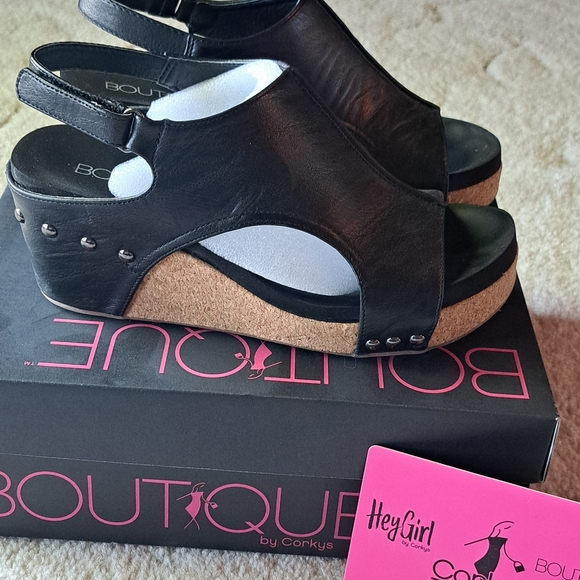 Corkys Black Wedge Sandals with Cork Midsole - Picture 3 of 5